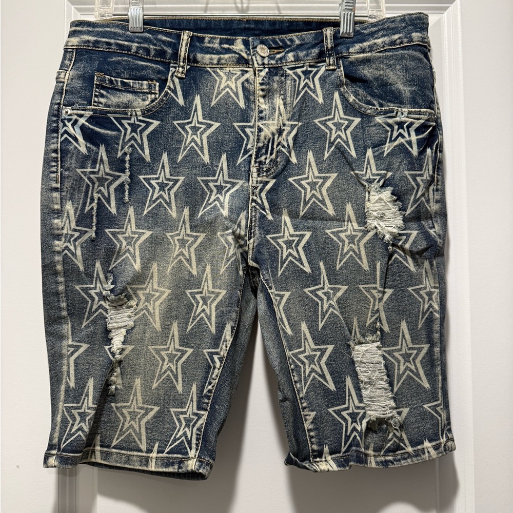 Men's Star-Print Distressed Denim Shorts - Blue size Large